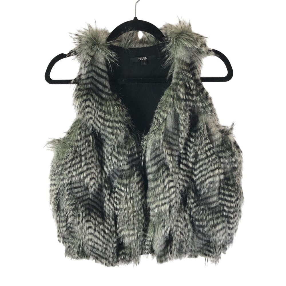 Naven Womens Faux Fur Vest Zip Front Gray S